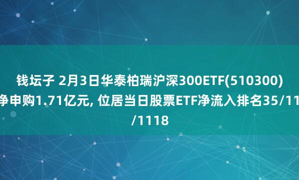钱坛子 2月3日华泰柏瑞沪深300ETF(510300)获净申购1.71亿元, 位居当日股票ETF净流入排名35/1118